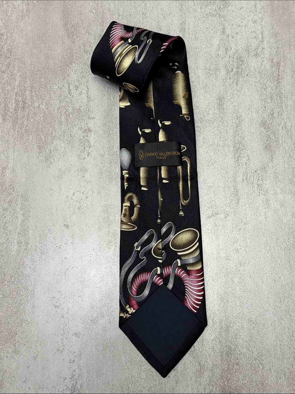 FEMMIO Valentino Italy Silk Tie with Gold and Pink Musical Instrument Motif